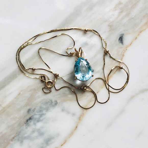 Vintage Pear Blue Topaz 14KGold Basket& 24”Chain - Picture 4 of 8